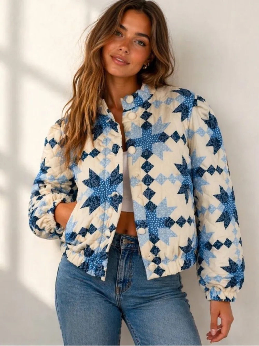 House of Harlow 1960 Blue & Cream Quilted Patchwork Bomber Jacket